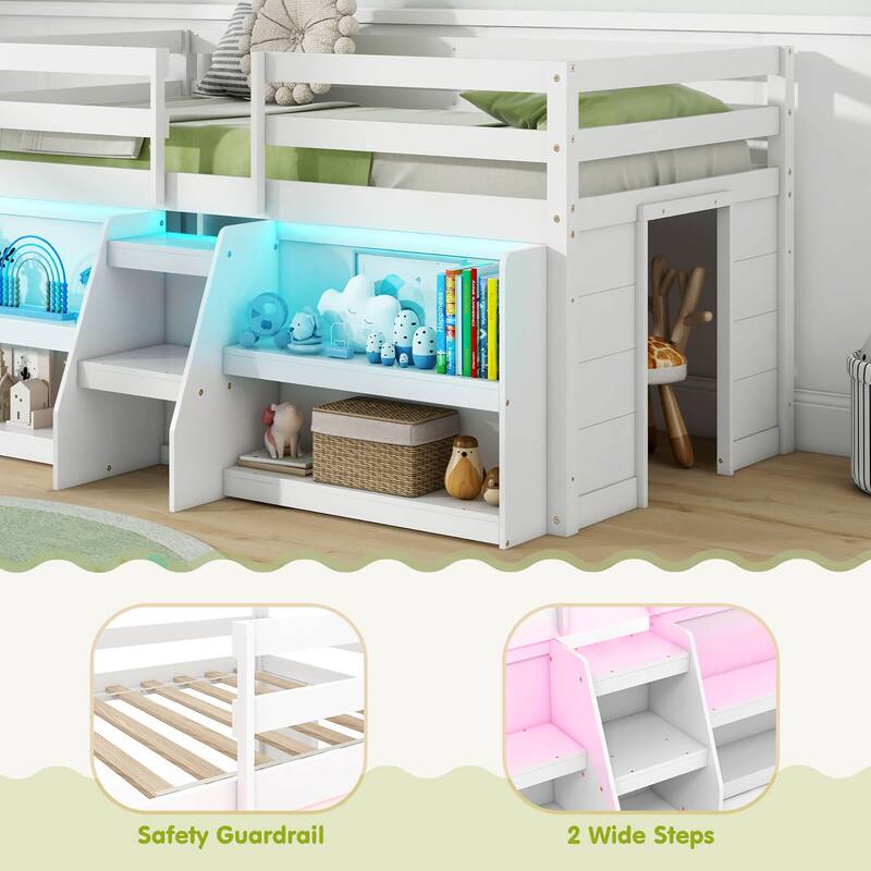 Gymax Twin Size Loft Bed w/ LED Lights Staircase & Safety Guardrail