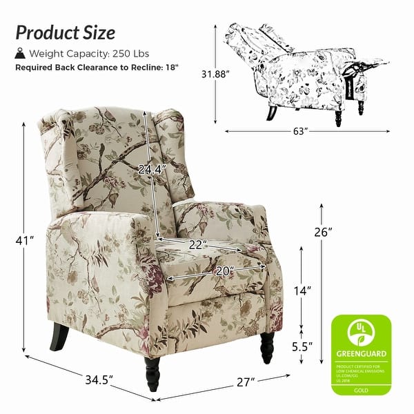 dimension image slide 4 of 10, HULALA HOME Damaris Mid-Century Modern Manual Pushback Recliner with Wingback Design Set of 2