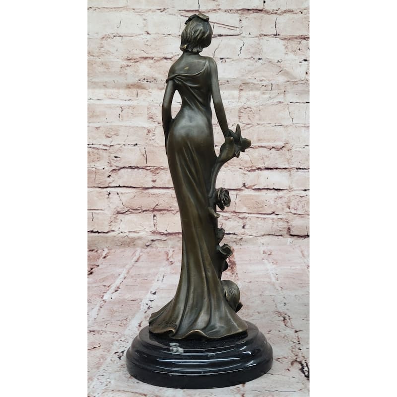 Bronze Lady With Roses Figurine – Art Nouveau Style Sculpture On Marble Base By Kin