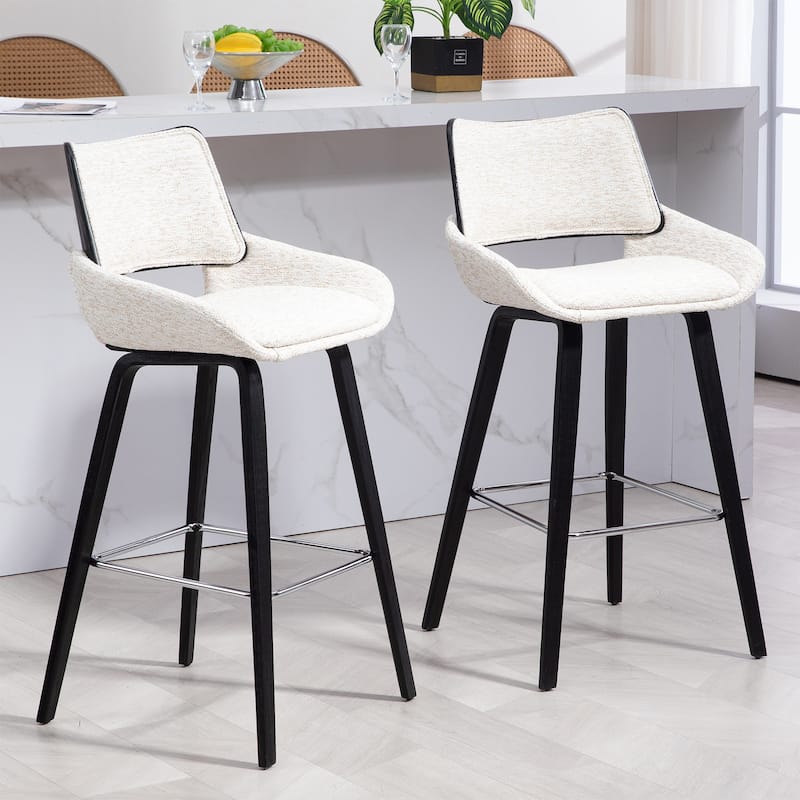 Bea White Two-Toned Linen Fabric Bar Stool with Black Wood Legs