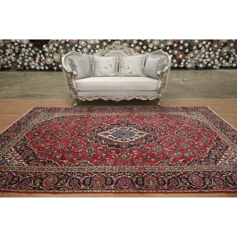Hand Knotted Oriental 100% Wool Carpet Traditional Floral Red Kashan Area Rug - 11' 4'' X 7' 8''