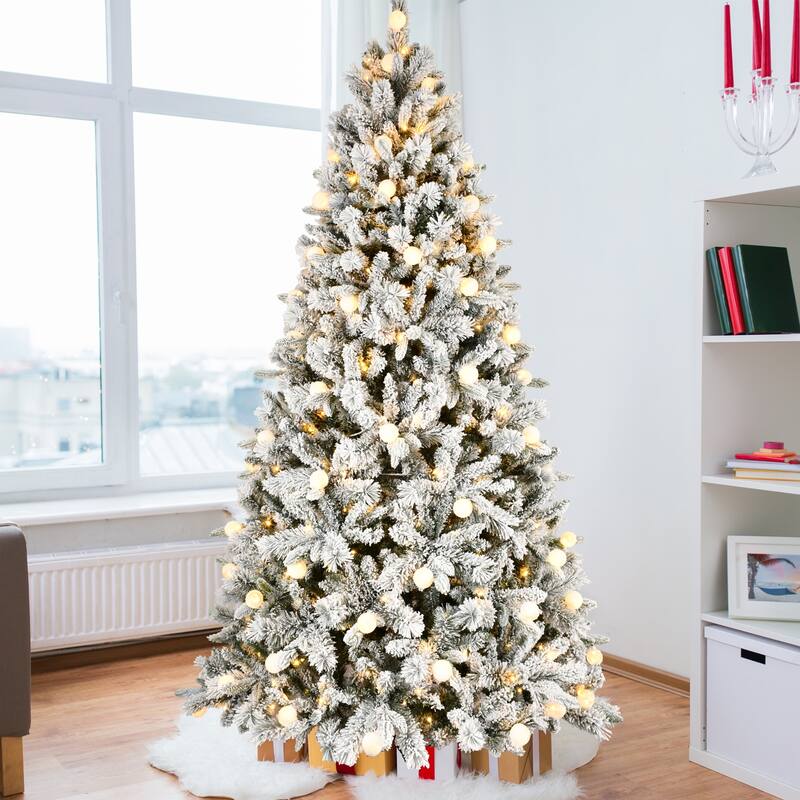 7.5ft Flocked Christmas Tree with 400L Colorful LED Lights with G45 ballMemory Wire,10 Lighting Modes,Foot Switch