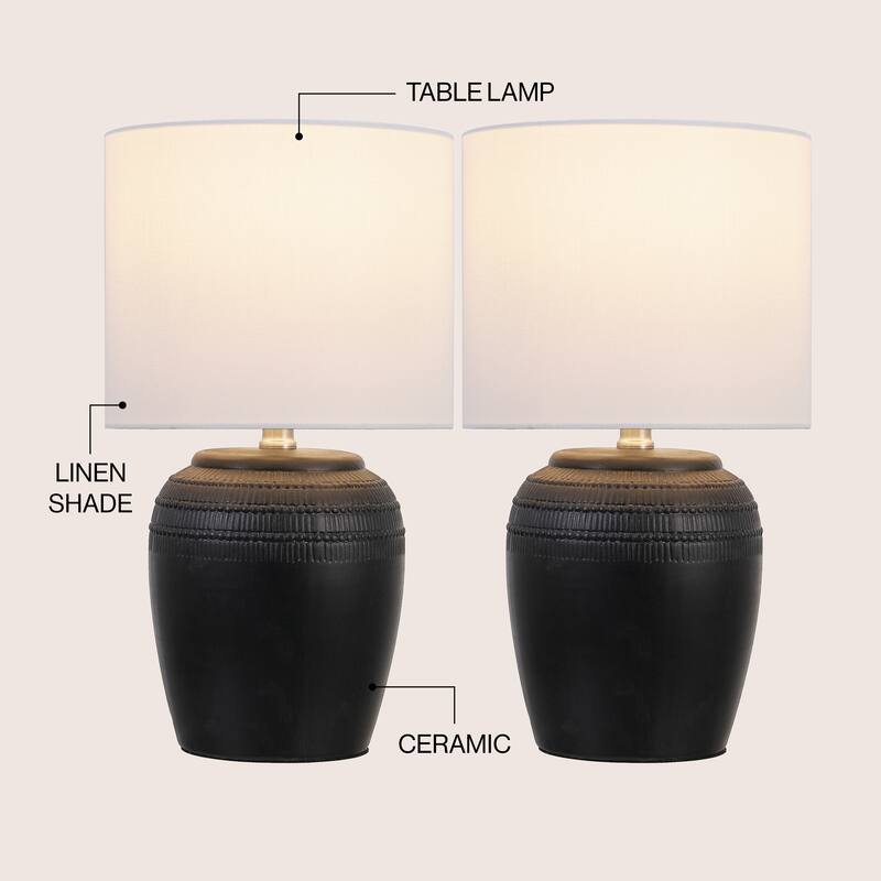 Hugo 16.75" Traditional Rustic Reeded Ceramic Vase LED Table Lamp (Set of 2)