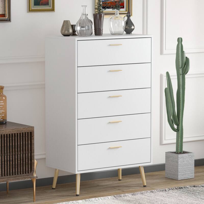 5 Drawer 27.4'' W Chest Dresser In White&Gold