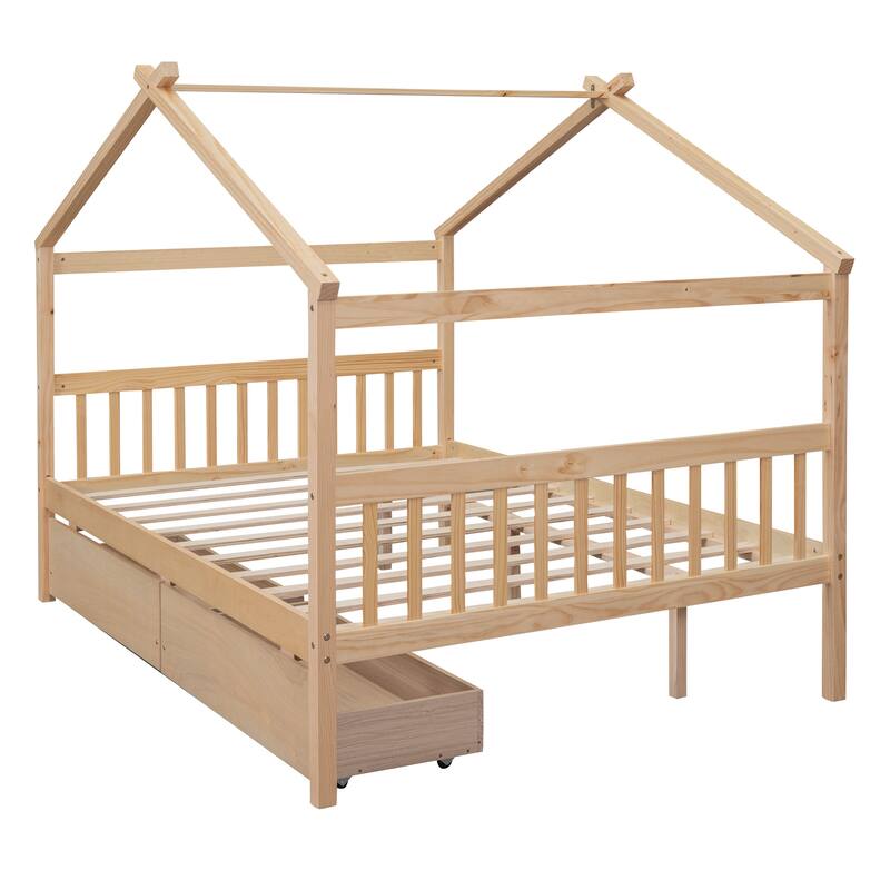 Full Size Wooden House Bed with 2 Drawers, Pinewood Frame, Kids Daybed, No Box Spring Needed