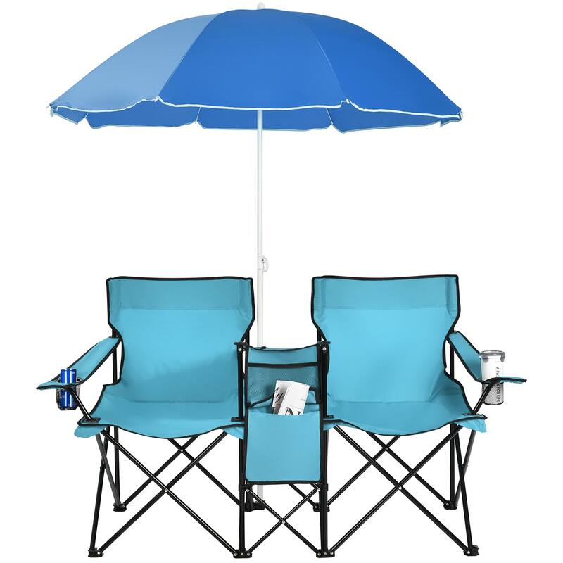 Portable Folding Picnic Double Chair with Umbrella Table Cooler Beach