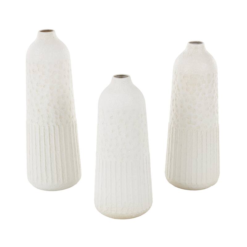White Metal Textured Decorative Vase with Honeycomb Pattern (Set of 3)