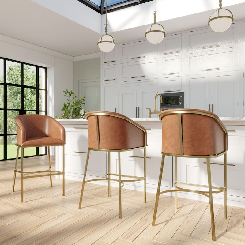 Hampton Modern Bar Stool, Faux Leather and Gold Finish Metal Frame