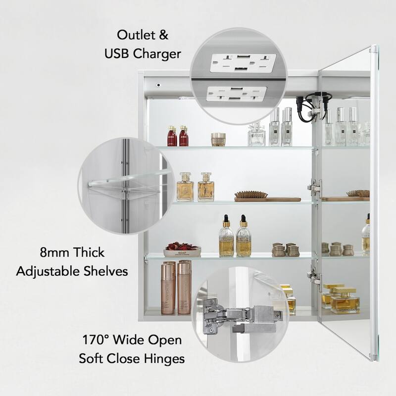 LED-lit Medicine Cabinet with Mirrors, Defogger, and USB Outlets