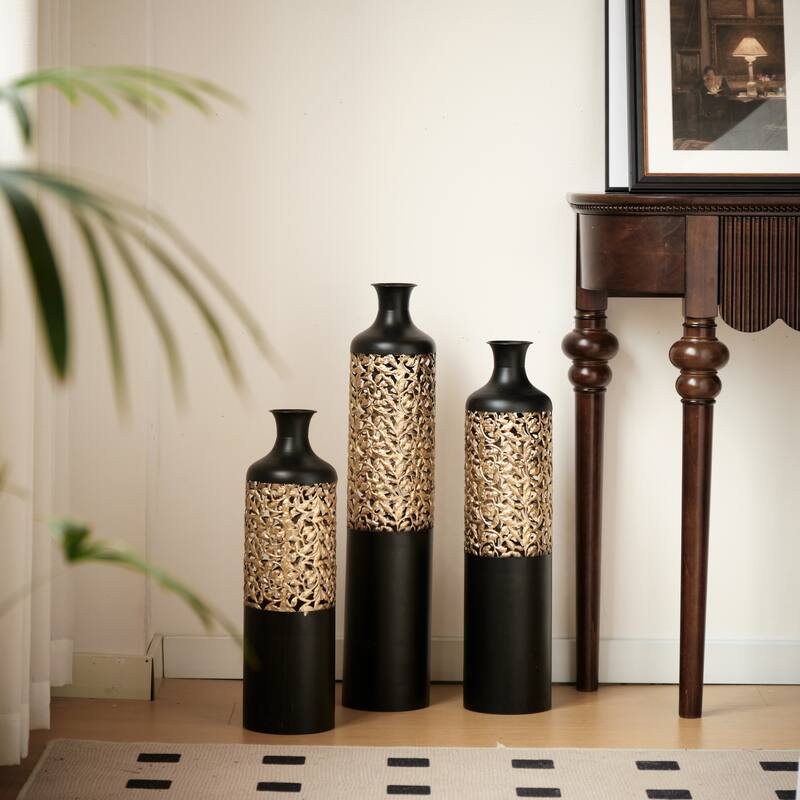 Floor Metal Vases, Decorated Metal Vases Set of 3, Large Glazed Metal Vases, Cylinder Vase with Triangular Embossed Pattern - Black+Gold
