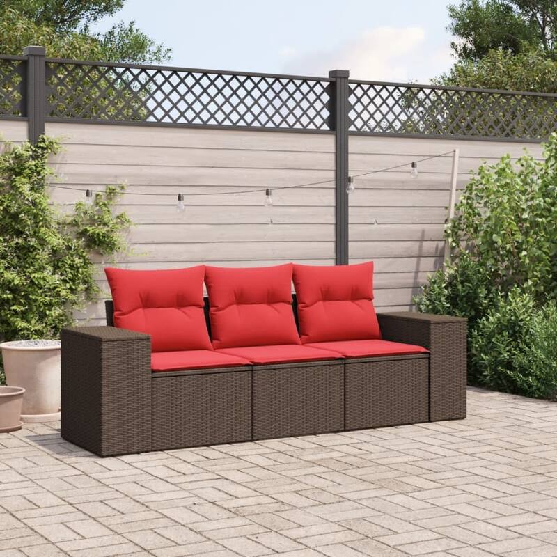 vidaXL 3 Piece Patio Sofa Set with Cushions Grey Poly Rattan - 21.7" x 24.4" x 27.2" - Brown and red Without table