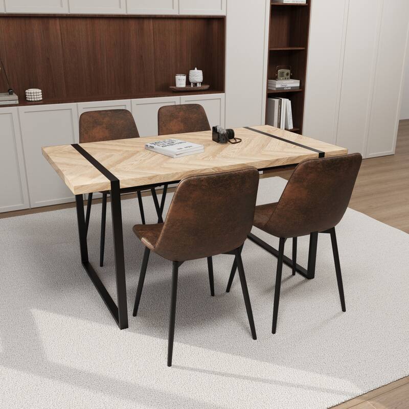 MDF light wood dining table and modern dining chair 4-piece set,medieval wooden kitchen dining table set, rectangular metal base