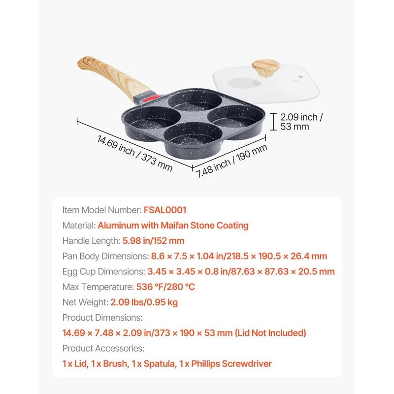 Black Aluminum Egg Pan 4-Hole with Maifan Stone Coating and Lid - 14.69 x 7.48 x 2.09 in