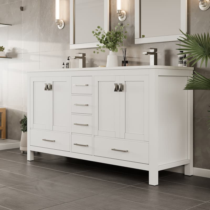 Eviva London 60"W x 21"D White Double Sink Bathroom Vanity with Carrara Quartz Countertop and Undermount Porcelain Sink - 60"
