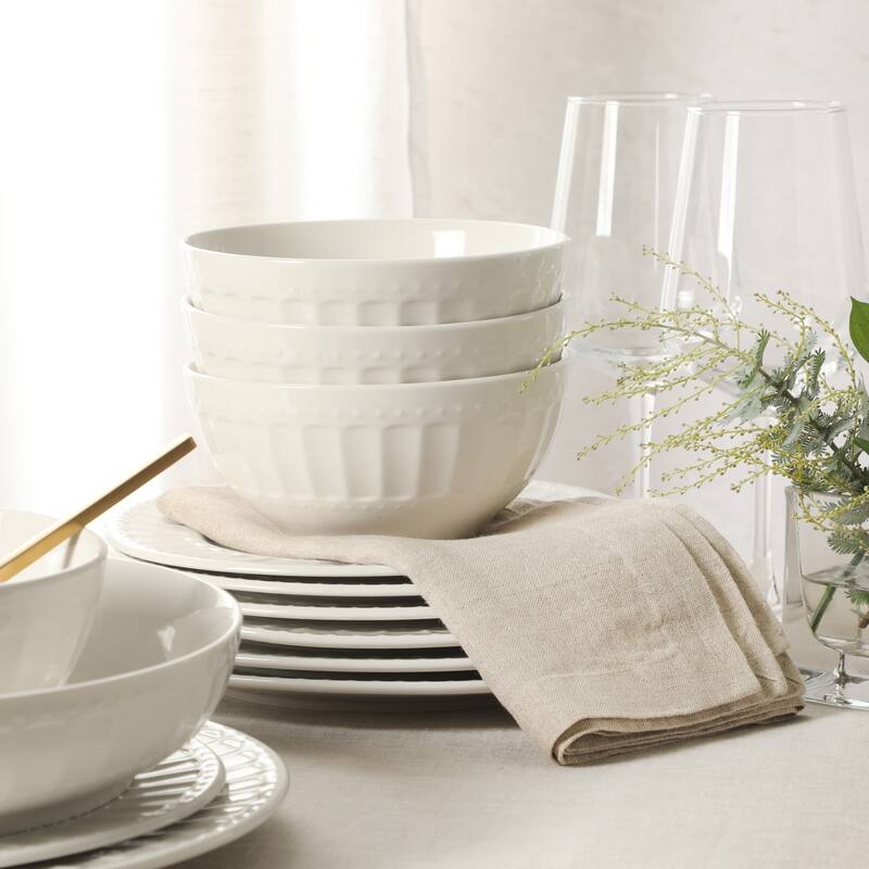 Gibson Home Melbourne White Plates and Bowls Set, 16 Piece Embossed Ceramic Dinnerware Set - Service for 4 Dishes