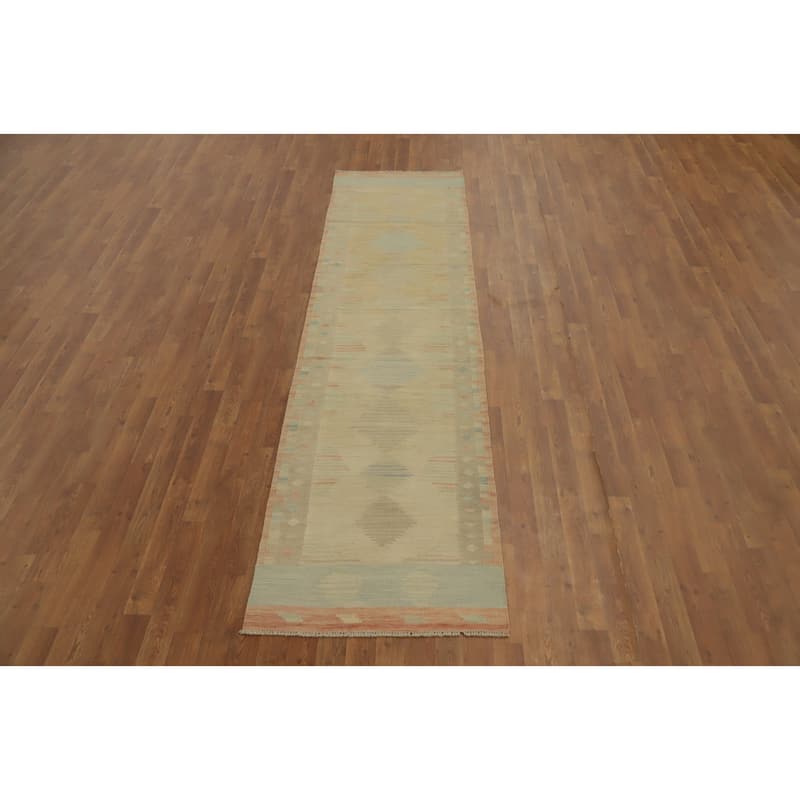 Hand Woven Oriental 100% Wool Carpet Southwestern Tribal Oranges & Rust Kilim Runner Rug - 9' 11'' X 2' 6''