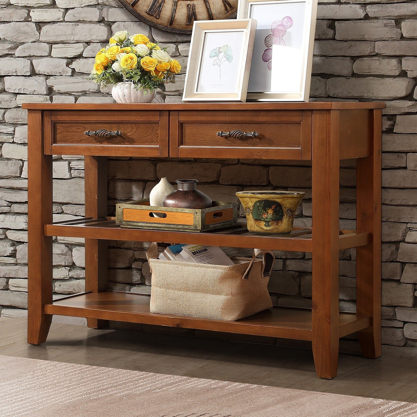 42'' Vintage Entryway Table with 2 Storage Drawers and 2 Tiers Shelves