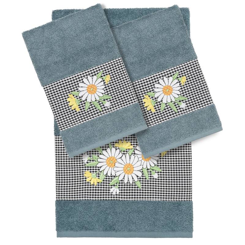 Authentic Hotel and Spa 100% Turkish Cotton Daisy 3PC Embellished Towel Set - Teal