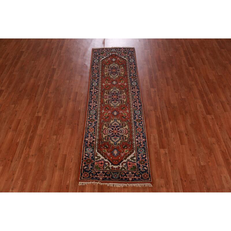 Hand Knotted Oriental 100% Wool Carpet Traditional Geometric Oranges & Rust Heriz (serapi) Runner Rug - 8' 0'' X 2' 6''