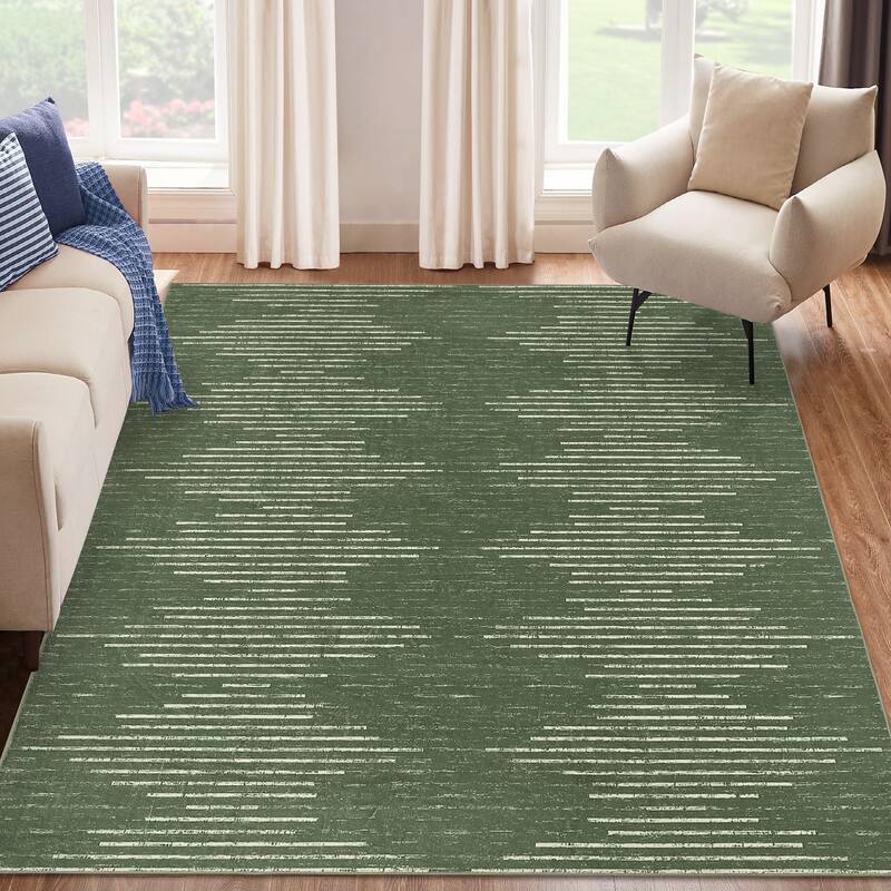 Washable Rugs for Living Room Modern Geometric Striped Area Rug Soft Non-Slip Low Pile Accent Rug - 5'x7' - Green