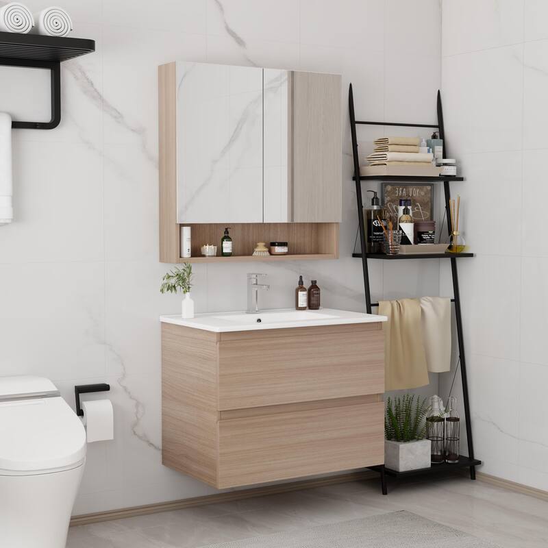 CB HOME 24''/30''/36''/48''/60'' Wall Mounted Bathroom Vanity with Sink, OAK Floating Bathroom Vanity Cabinet with Sink,Drawers.