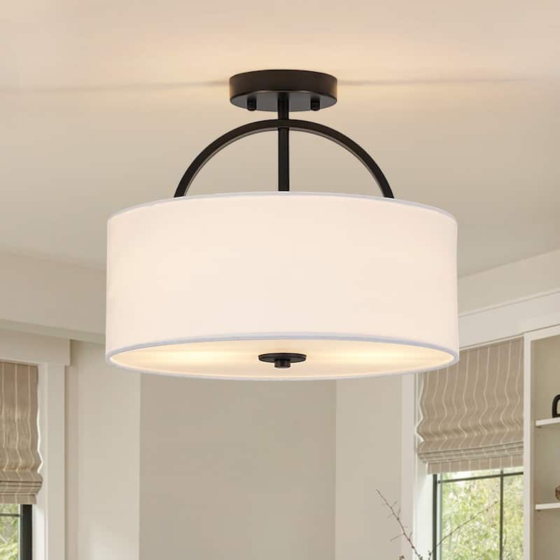 Contemporary 2-Light White Linen Drum Semi Flush Light 15in Wide