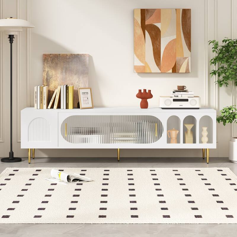 Modern TV Stand with Arched Shelves, Sliding Acrylic Door, Golden Metal Handles, and Ample Storage, Fits TVs up to 70 Inches.