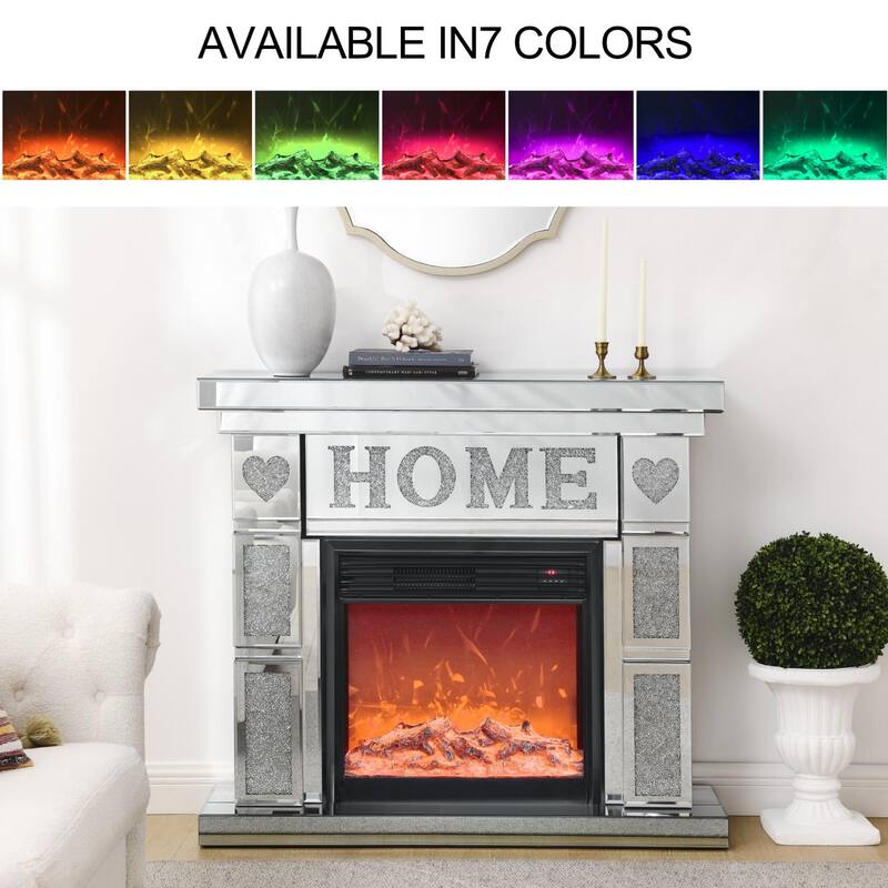 Freestanding Silver TV Fireplace Cabinet with 3D Realistic LED Flames, Acrylic Crystal Design, and Remote Control