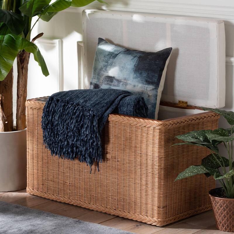 Eamon Braided Natural Rattan Storage Bench with Lift-Top - Coastal Boho Chest for Bedroom or Living Room, 31" Rectangle, Brown