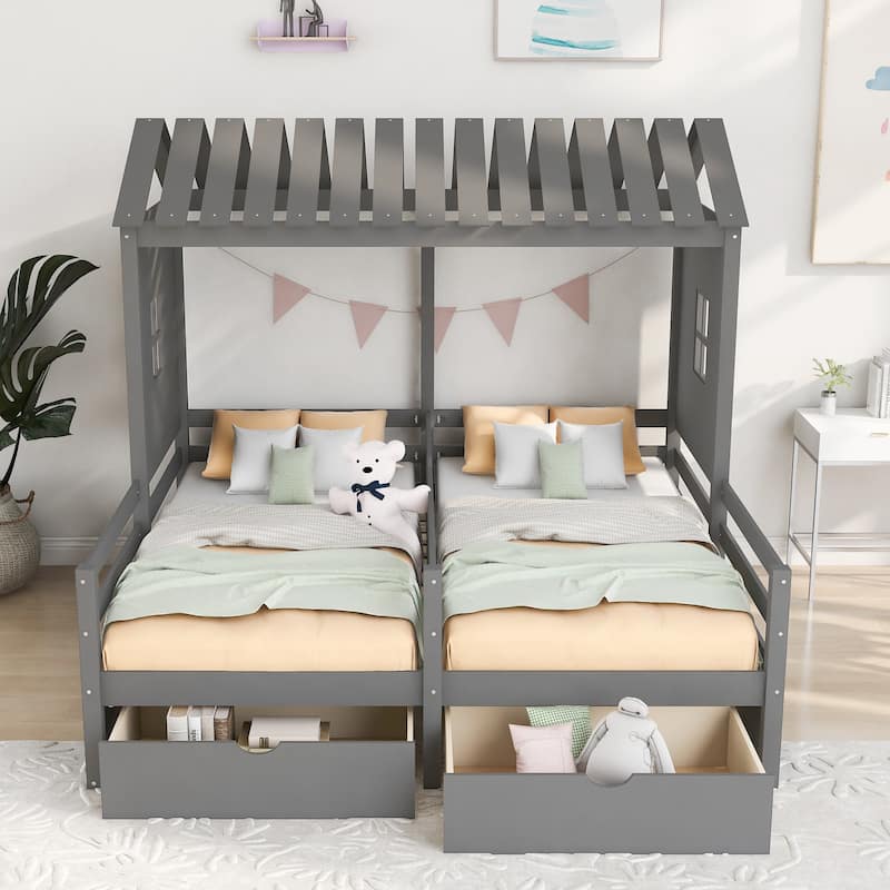 Twin Size House Platform Beds with Two Drawers for Boy and Girl Shared