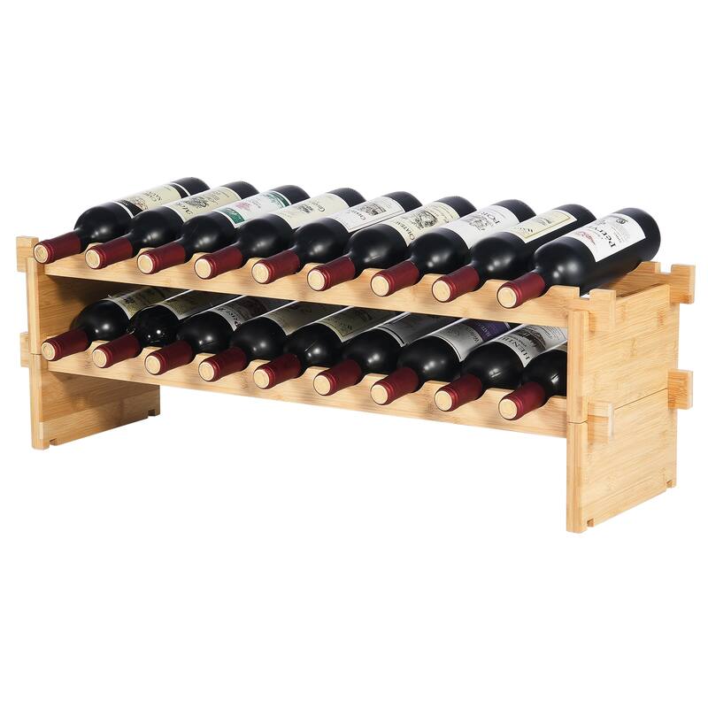 Anmytek Natural Bamboo 2 Tier Stackable Wine Rack Holds 18 Bottles for Kitchen Home Bar Expandable Storage