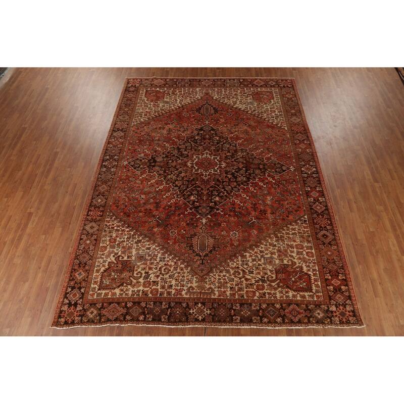 Orange Heriz Persian Vintage Area Rug Handmade Medallion Wool Carpet - 9'7"x 13'0"