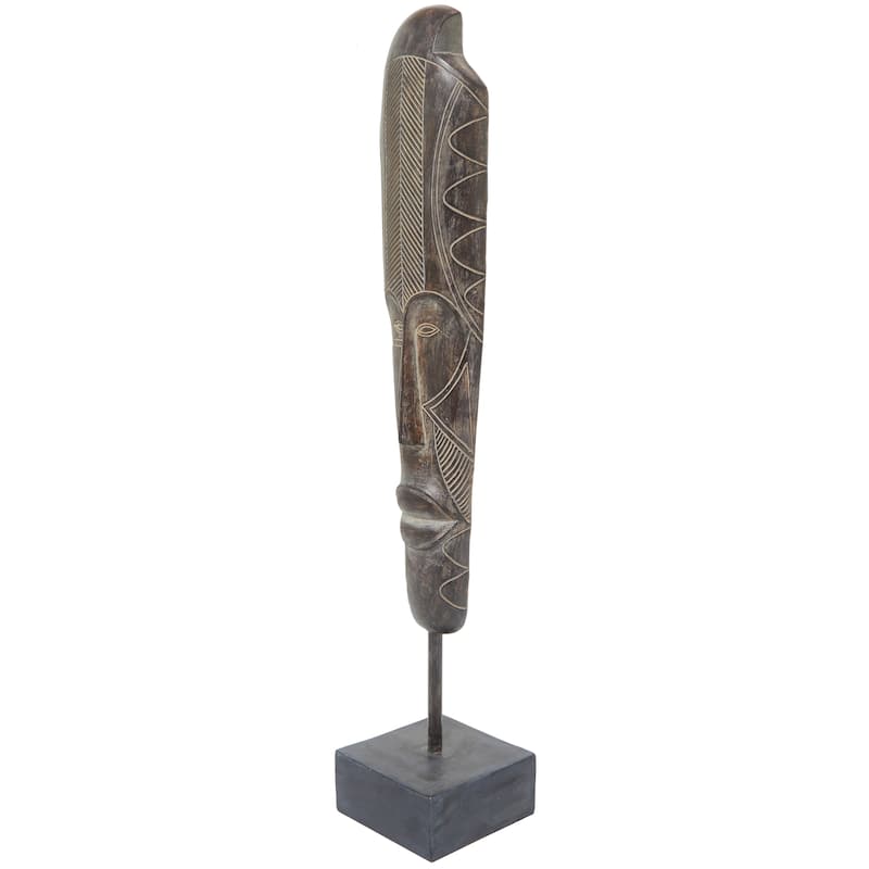 Polystone Mask Slim Carved African Tribal Sculpture with Block Base - Brown - Roche River Decor - 6"W x 5"L x 30"H