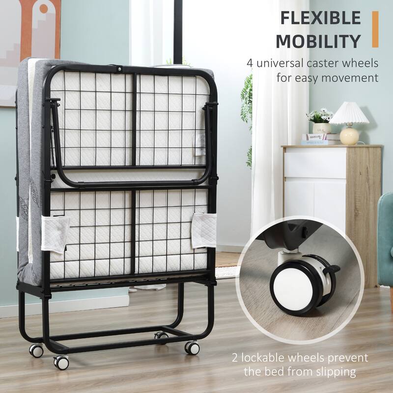 Folding Guest Bed with Padded Mattress and Metal Frame, Space-Saving Portable Bed with Wheels