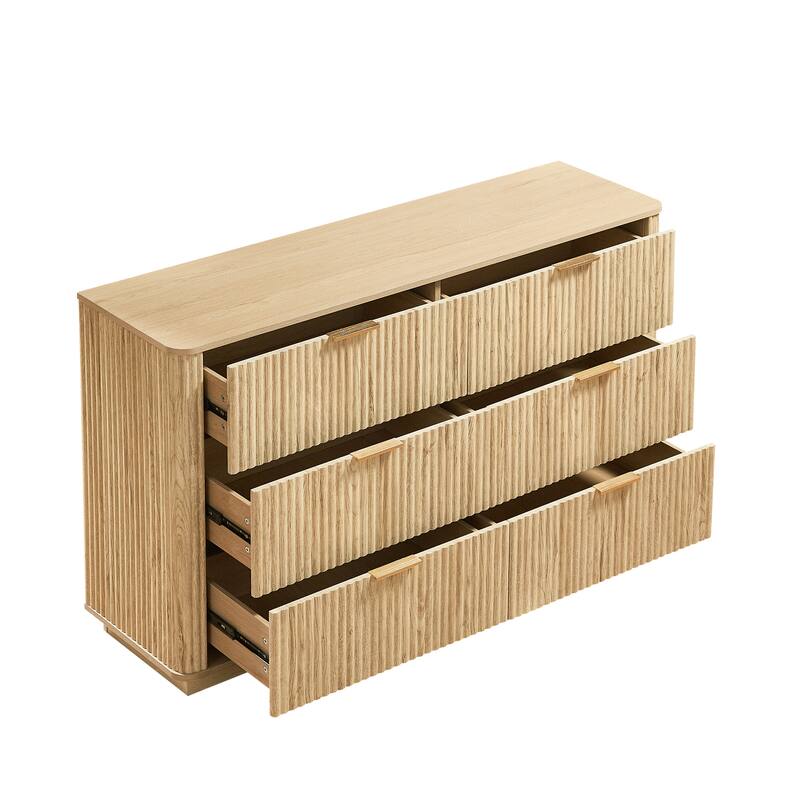 6 Drawers Dresser, 55" Wide Chest of Drawers, Curved Wave Design TV Stand for Bedroom Living Room Hallway