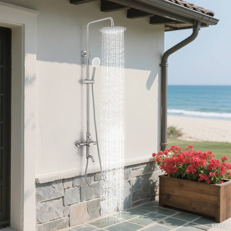 47"H 3-Function 304 Stainless Steel Wall-Mounted Outdoor Shower with Footwash