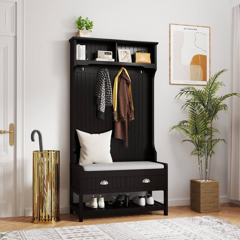 3-in-1 Hallway Hall Tree with 2 Storage Drawer and Seat Cushion - Black