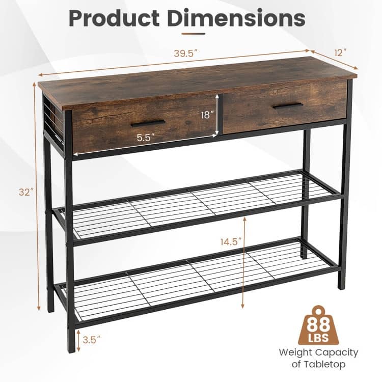 39.5 Inch Entryway Table with 2 Drawers and 2-Tier Shelves - 39.5" x 12" x 32" (L x W x H)