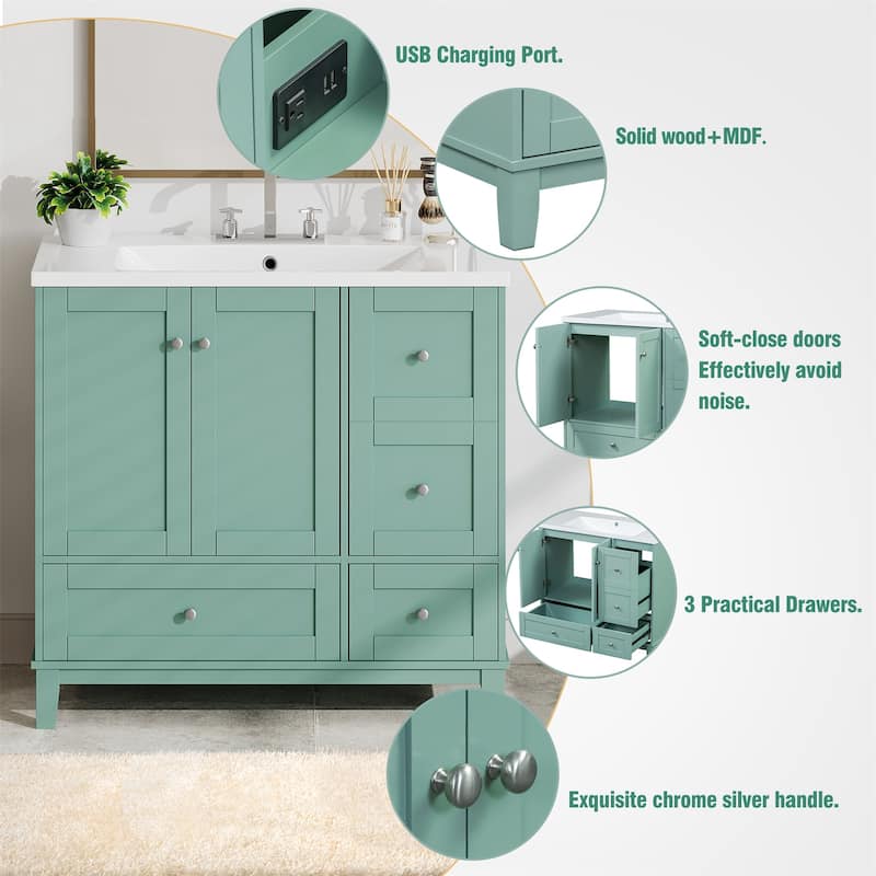 36" Modern Bathroom Vanity with USB Charging, 2 Doors and 3 Drawers