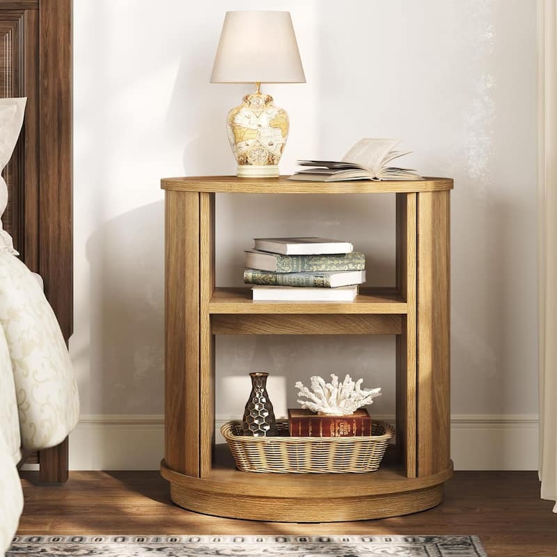 3-Tier Round End Table, Side Table with Storage Shelf, Farmhouse Nightstand Bedside Stand