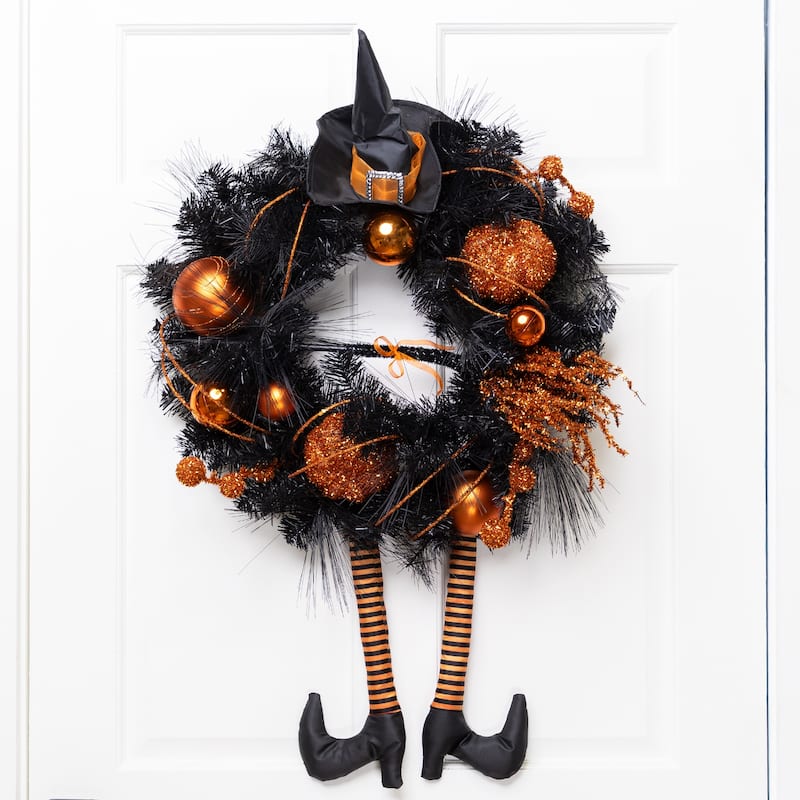 Witch and Pumpkins Glittered Artificial Halloween Wreath - 24" - Unlit