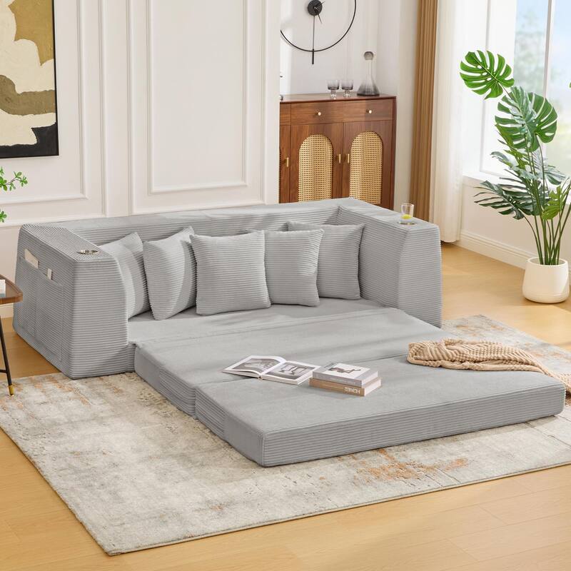 2 in 1 Convertible Sofa Bed, Sleeper Sofa with Storage Pockets, Pull Out Loveseat Couch with Two Cup Holders
