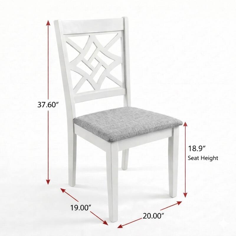 Traditional Dining Chairs, Set of 2, White Finish with Grey Polyester Upholstered Seats Solid Rubberwood