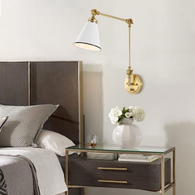 WINGBO 1-Light Vintage Adjustable Swing Arm Wall Sconce with Shade