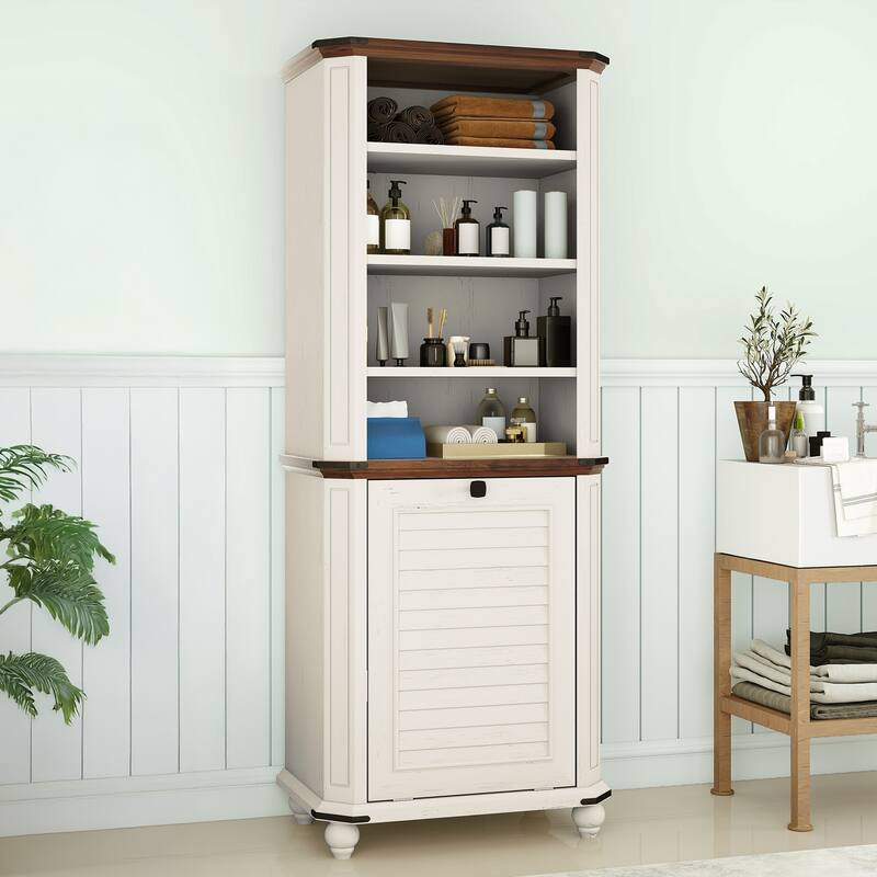 Moasis Farmhouse 4-Tier Storage Cabinet with Tilt Out Laundry Hamper and 2 Adjustable Shelves