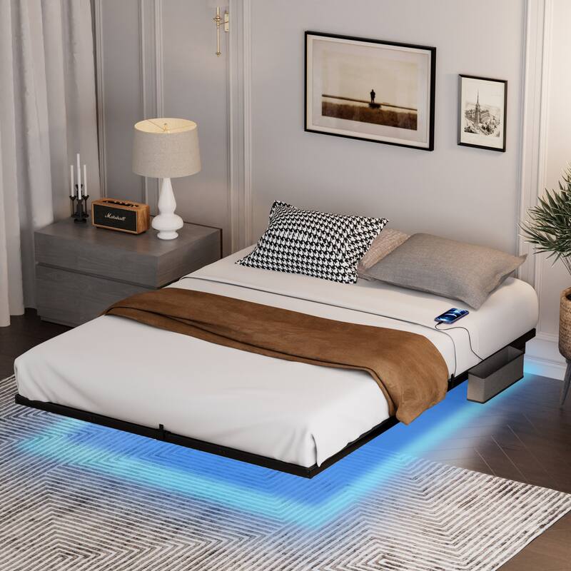 Floating Bed Frame with LED Lights ＆ charging station, Metal Platform