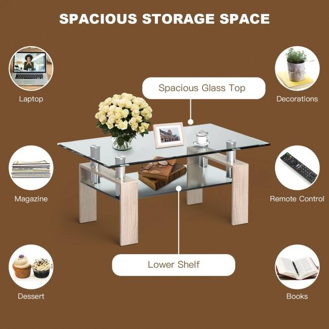Rectangle Glass Coffee Table with Metal Legs for Living Room - 39" x 23.5" x 17.5"