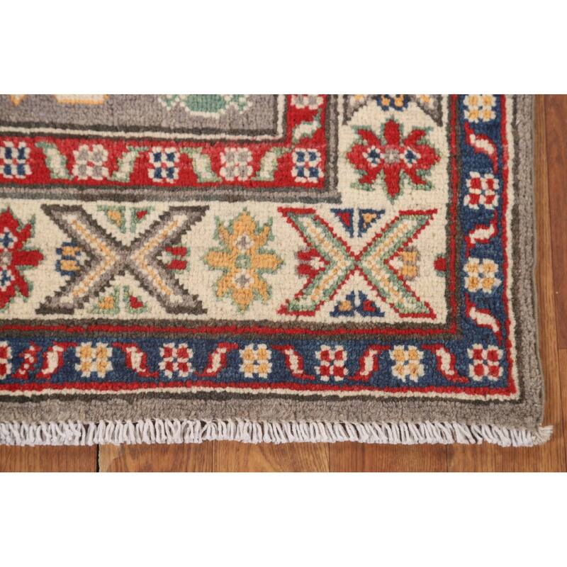 Geometric Kazak Accent Rug Hand-Knotted Grey Wool Carpet - 2'6" x 4'3"