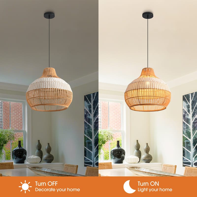 17" Bohemian Woven Wicker Round Adjustable Pendant Light Chandelier for Dining Room