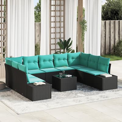 vidaXL 10 Garden Sofa Set with Cushions Black Poly Rattan - 113.8 x 82.3 x 27.2